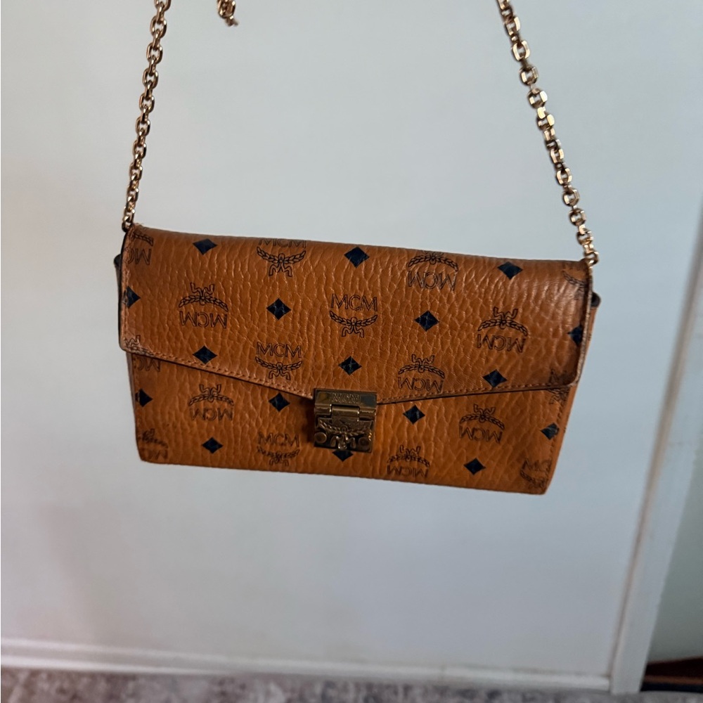MCM Cognac Visetos Logo Chain Crossbody